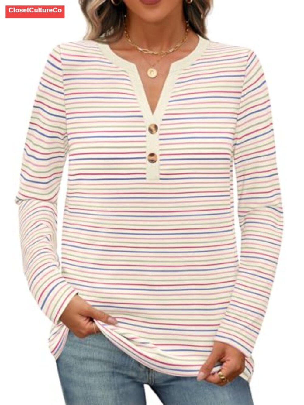 Long Sleeve Striped Henley Top V Neck Loose Casual Fall Blouse